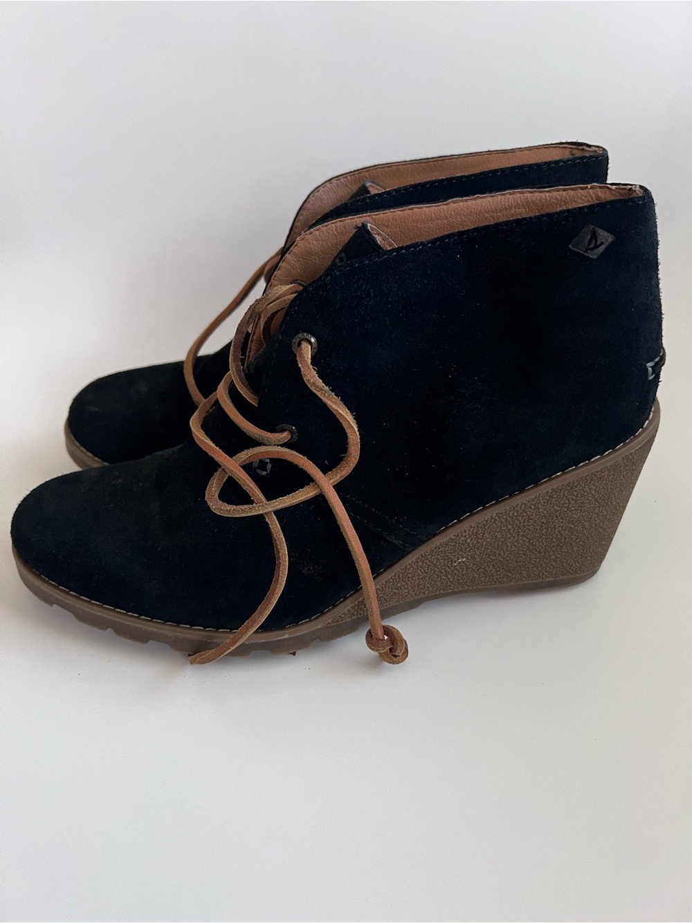 Sperry Black Suede Wedge Ankle Booties with Tan Laces
